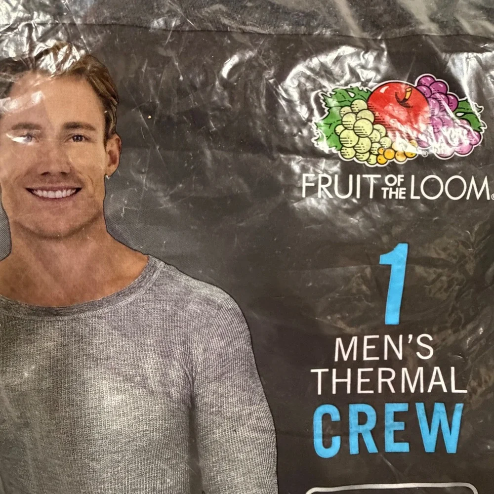 Fruit of the Loom Mens Size L Large Thermal Crew Neck Top Black Waffle‎ Knit NEW